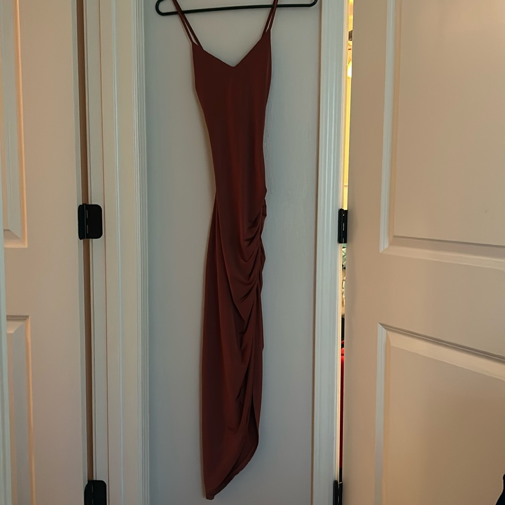 Rúda maroon/coral spaghetti strap bodycon dress, slit on left side